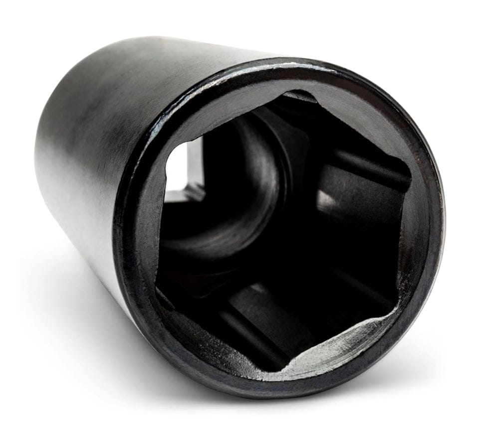 A close-up view looking into the 6-point, off-corner loading design of a GEARWRENCH black impact socket.
