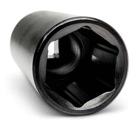 A close-up view looking into the 6-point, off-corner loading design of a GEARWRENCH black impact socket.