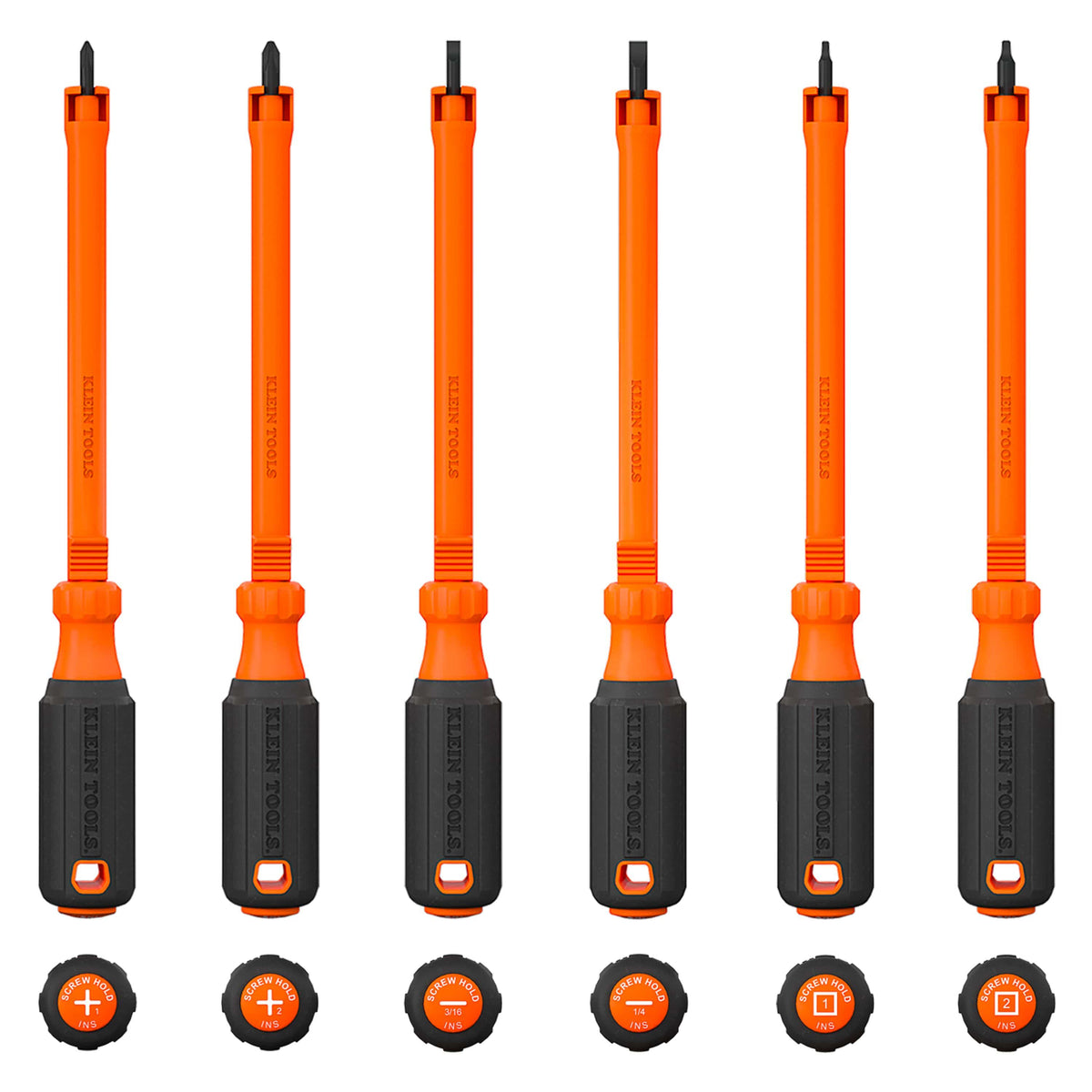 Six orange and black cordless screwdriver bits arranged in a row on a white background, with six small bit-change dials shown below each driver. The handles and bit heads are bright orange with black textured grips and small white brand text reading 'PROSPEED'.
