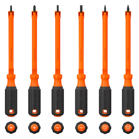 Six orange and black cordless screwdriver bits arranged in a row on a white background, with six small bit-change dials shown below each driver. The handles and bit heads are bright orange with black textured grips and small white brand text reading 'PROSPEED'.