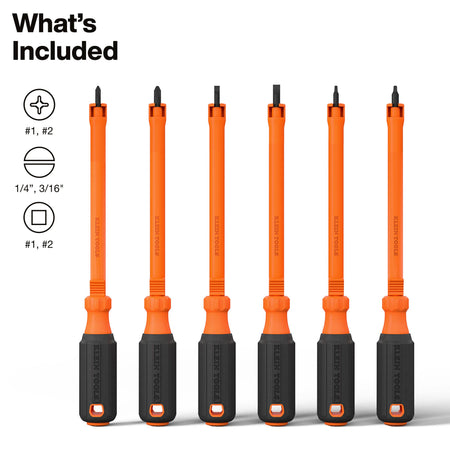 Six screwdriver bits in orange and black handles arranged in a row on a white background, with text reading 'What's Included' and icons showing included bit sizes and driver types. The brand name 'PULL & BEAR' is visible on the handles.