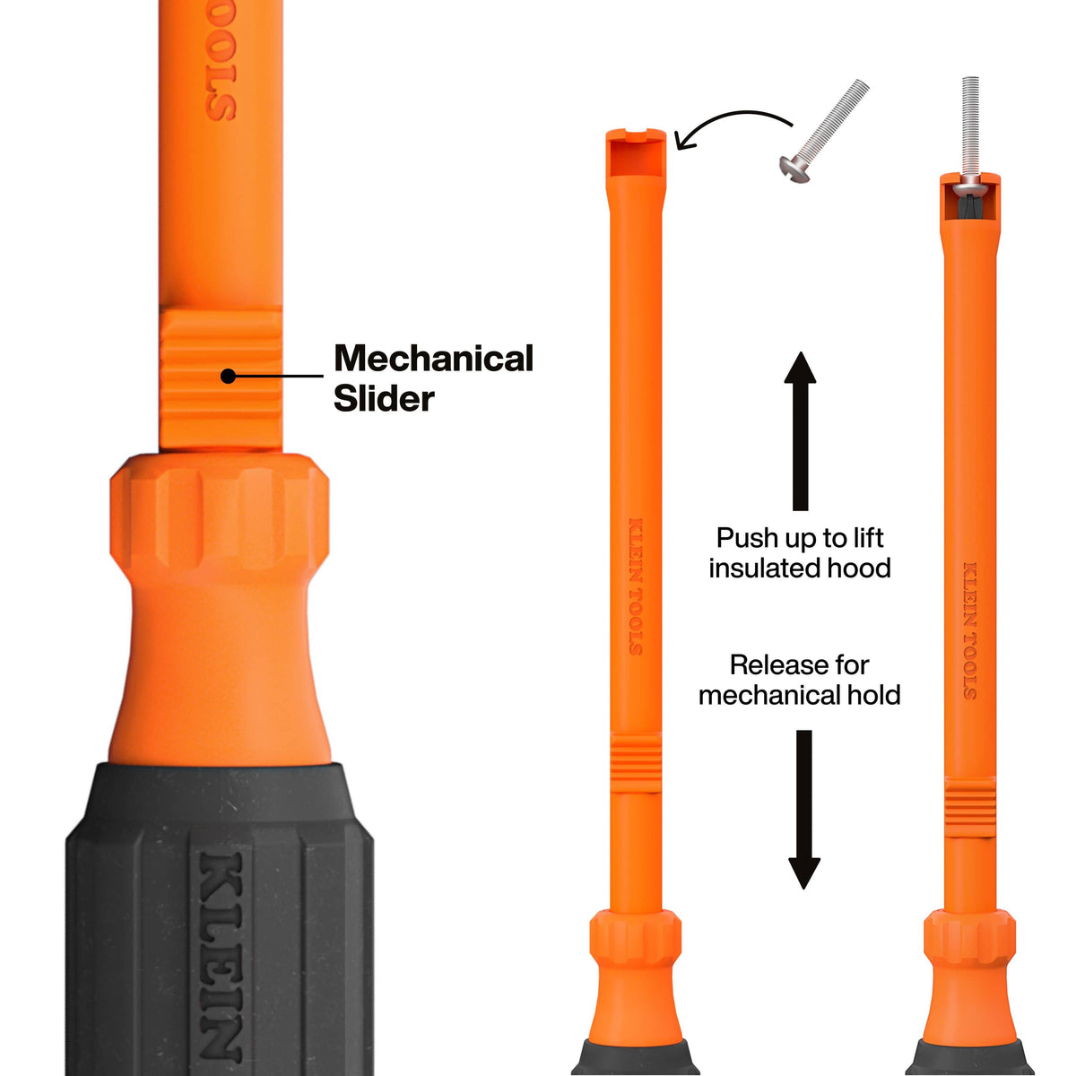 Klein Tools orange and black screwdriver bit with a labeled mechanical slider and arrows showing how to lift the insulated hood and release the mechanical hold.
