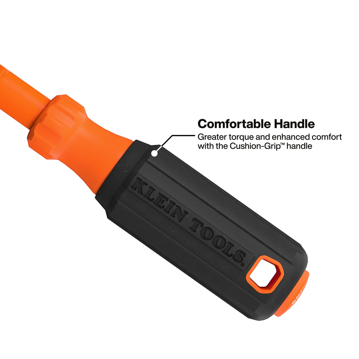 Close-up of a Klein Tools power tool handle in orange and black, with text reading 'Comfortable Handle' and 'Greater torque and enhanced comfort with the Cushion-Grip handle.'.