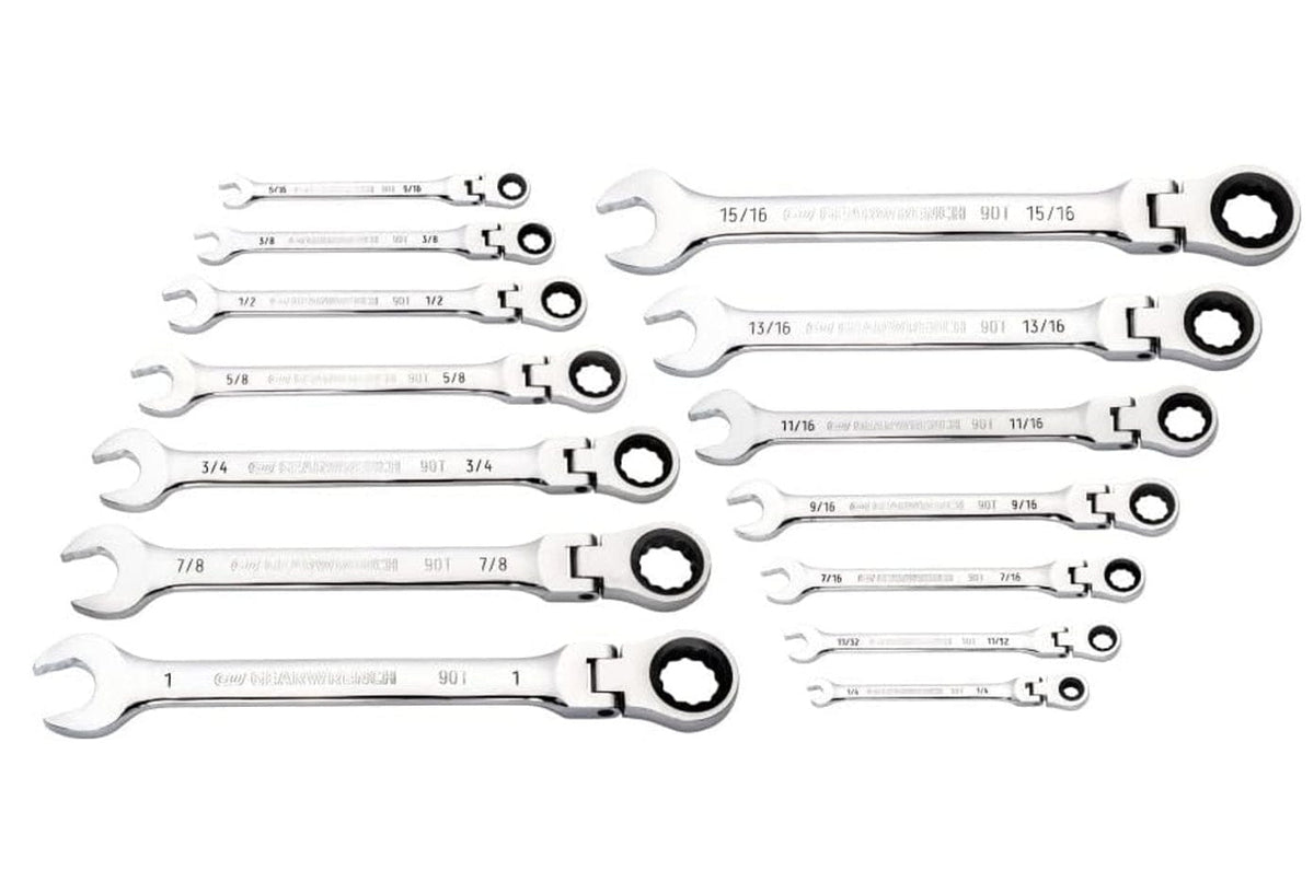 The complete 14-piece GEARWRENCH flex-head ratcheting wrench set laid out on a white background, with all wrenches fanned out in two groups.