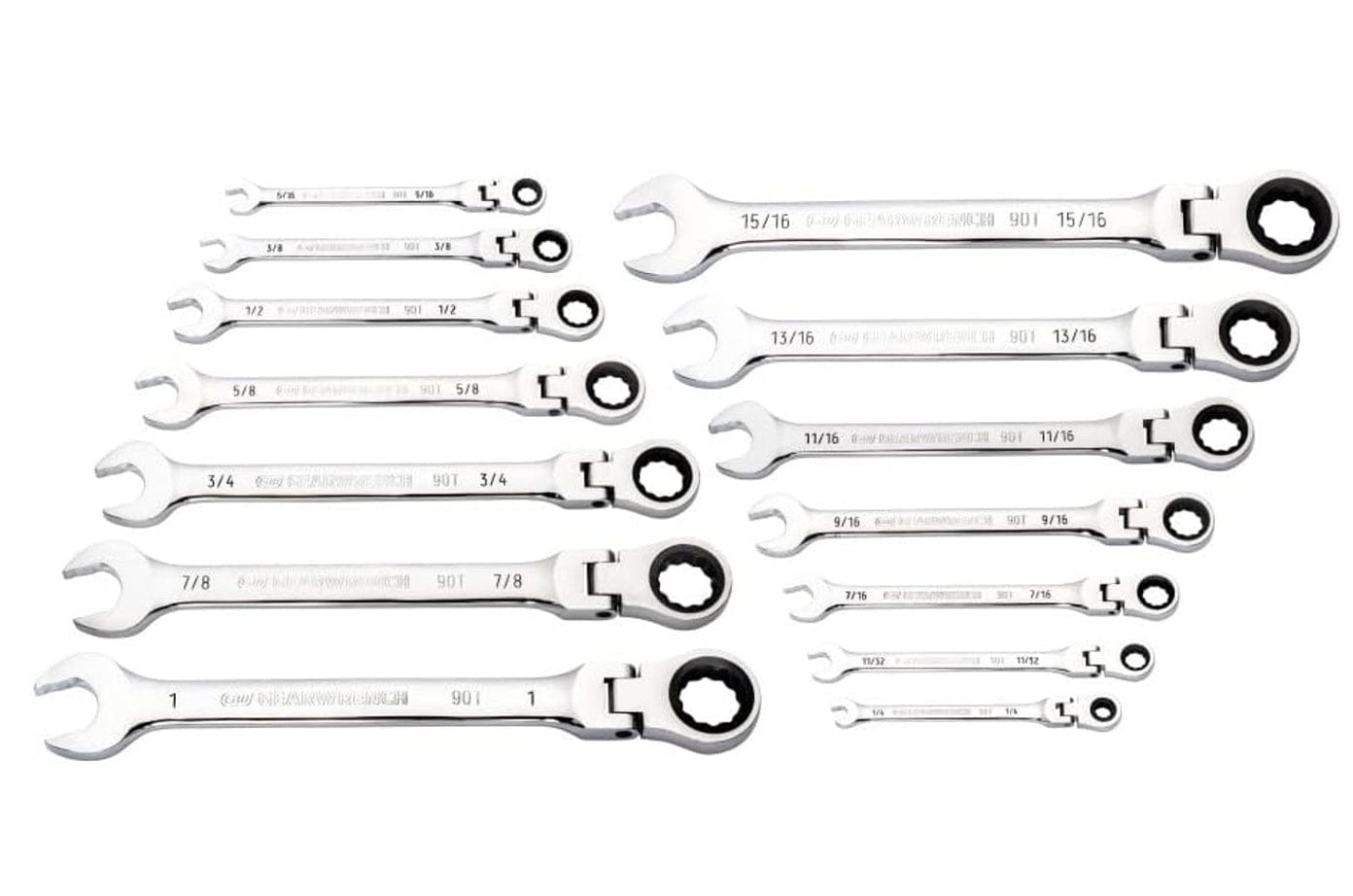 The complete 14-piece GEARWRENCH flex-head ratcheting wrench set laid out on a white background, with all wrenches fanned out in two groups.