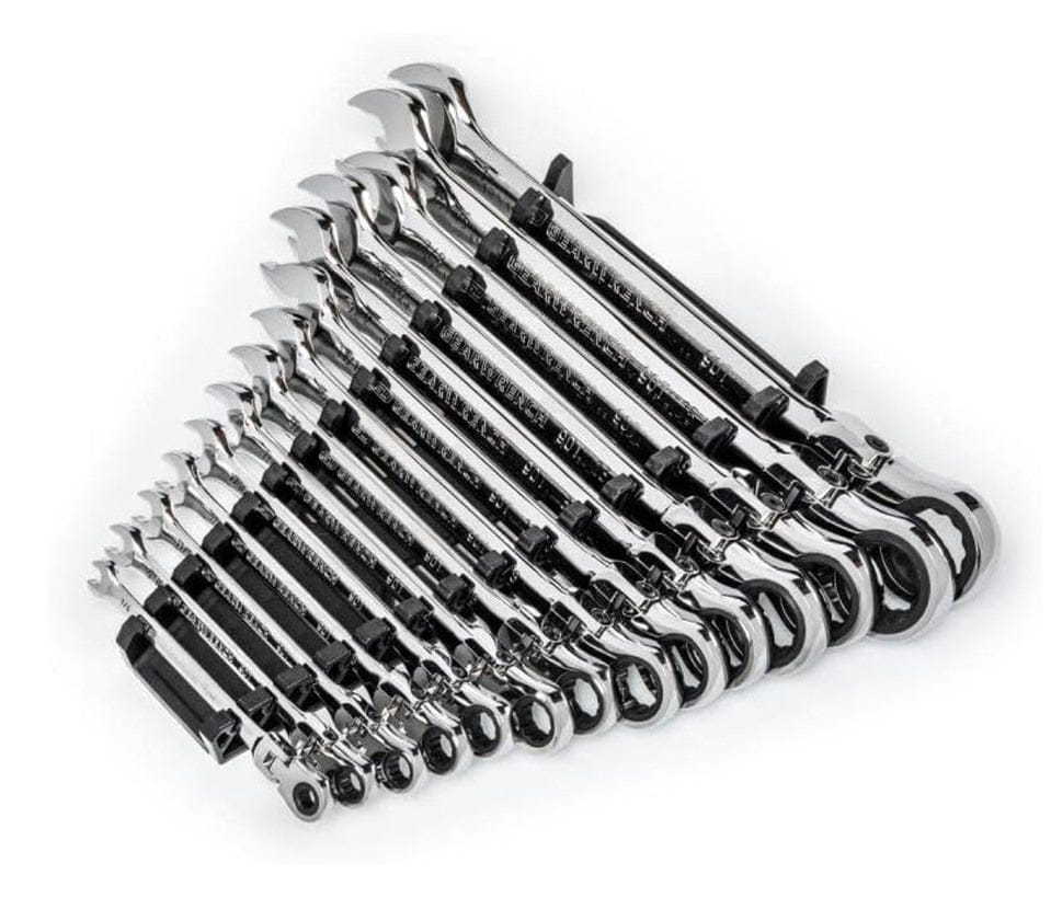 The complete 14-piece GEARWRENCH 90-tooth flex-head ratcheting wrench set shown organized in the included black storage rack, angled to show the box ends.