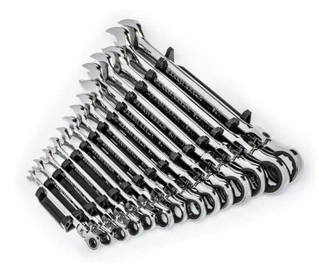 The complete 14-piece GEARWRENCH 90-tooth flex-head ratcheting wrench set shown organized in the included black storage rack, angled to show the box ends.
