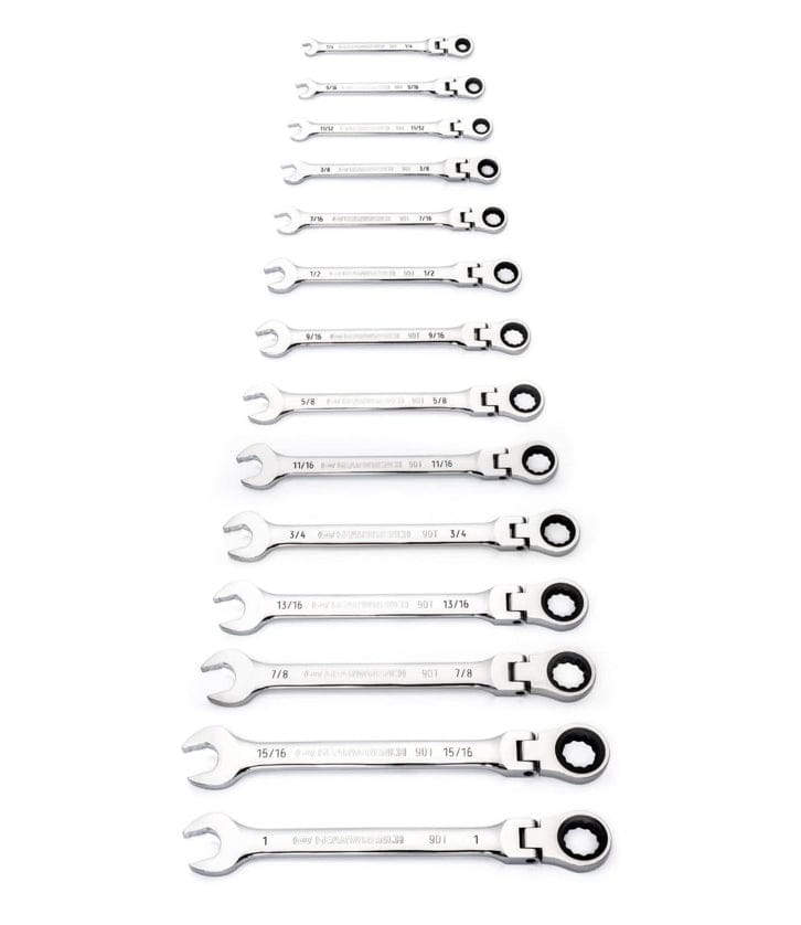 The complete 14-piece GEARWRENCH flex-head ratcheting wrench set laid out on a white background, organized in a single column from the smallest 1/4-inch wrench at the top to the largest 1-inch wrench at the bottom.