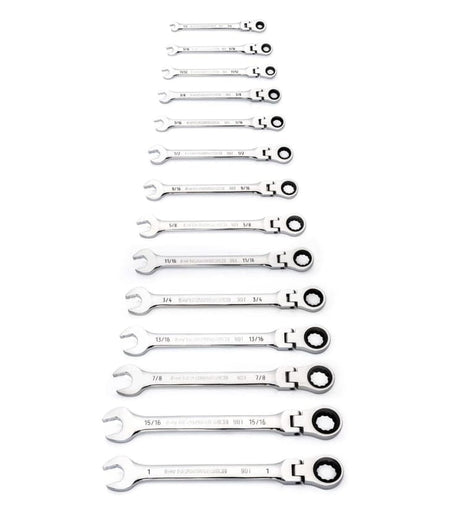 The complete 14-piece GEARWRENCH flex-head ratcheting wrench set laid out on a white background, organized in a single column from the smallest 1/4-inch wrench at the top to the largest 1-inch wrench at the bottom.