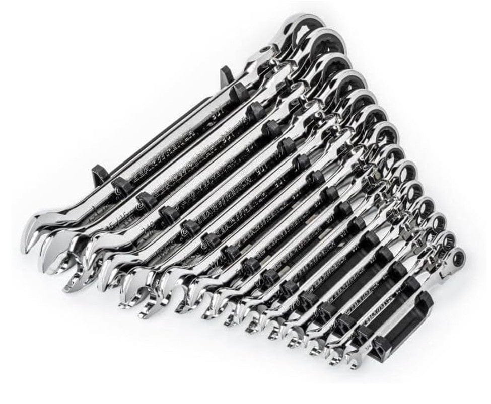 The complete 14-piece GEARWRENCH 90-tooth flex-head ratcheting wrench set shown organized in the included black storage rack, angled to show the open ends.