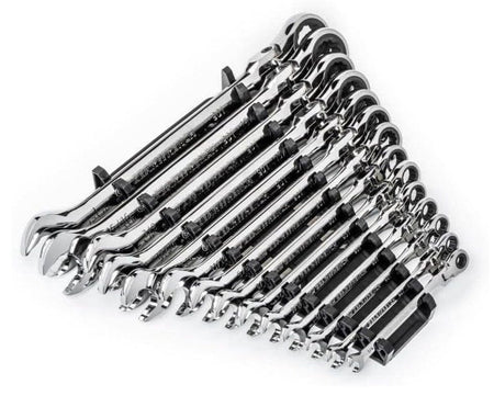 The complete 14-piece GEARWRENCH 90-tooth flex-head ratcheting wrench set shown organized in the included black storage rack, angled to show the open ends.
