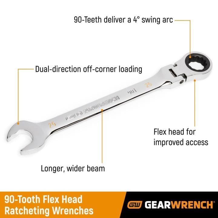 An informational graphic of a GEARWRENCH 90-tooth flex head ratcheting wrench with callouts pointing to its key features: "90-Teeth deliver a 4° swing arc," "Dual-direction off-corner loading," "Longer, wider beam," and "Flex head for improved access."
