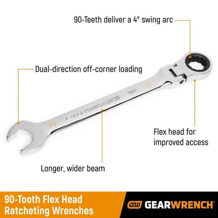 An informational graphic of a GEARWRENCH 90-tooth flex head ratcheting wrench with callouts pointing to its key features: "90-Teeth deliver a 4° swing arc," "Dual-direction off-corner loading," "Longer, wider beam," and "Flex head for improved access."