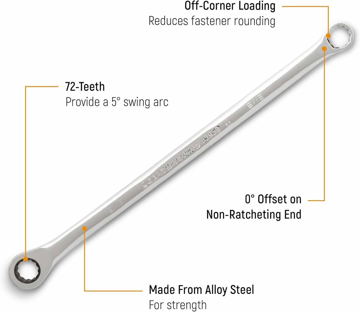 Infographic of a single XL GearBox wrench highlighting the 72-tooth 5-degree swing arc, off-corner loading, and zero-degree offset non-ratcheting end.