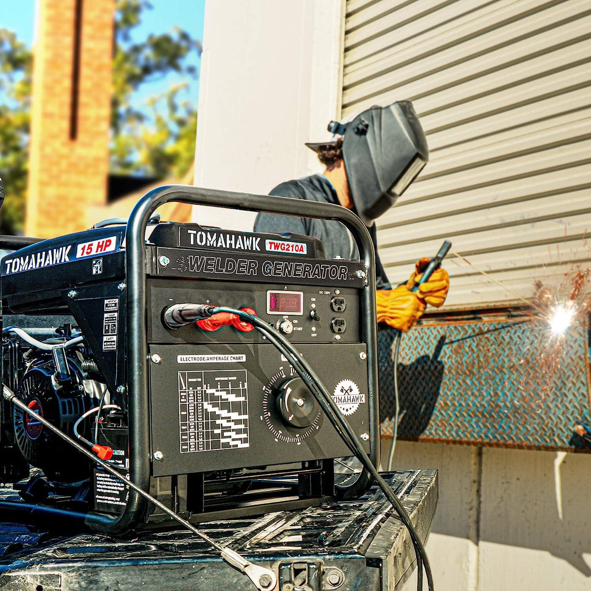  Tomahawk Power 2000 Watt Generator with a 210 Amp Stick and TIG Welder in action! It looks like someone is using the welding function, wearing a welding helmet and gloves. The generator/welder is sitting on what appears to be the back of a truck or trailer. It's great to see the machine we just discussed being used for a task, perhaps even somewhere around Tomball! What are your thoughts on seeing it in this context?