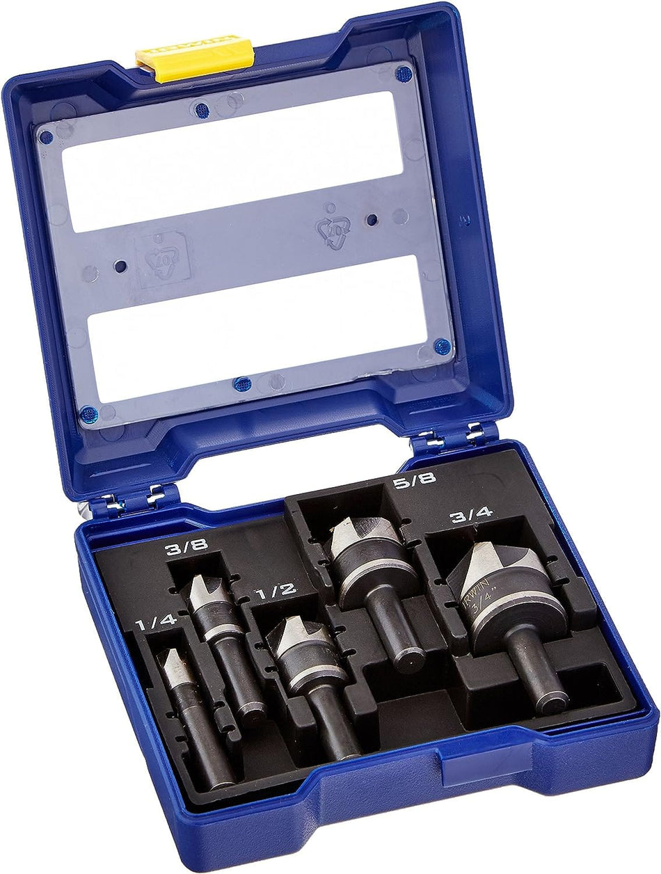 Imagine a set of short, cone-shaped metal drill bits with sharp edges around the wider end, designed to create a beveled opening in metal for screw heads. They are neatly arranged in a sturdy, rectangular plastic case that opens and closes with a latch.