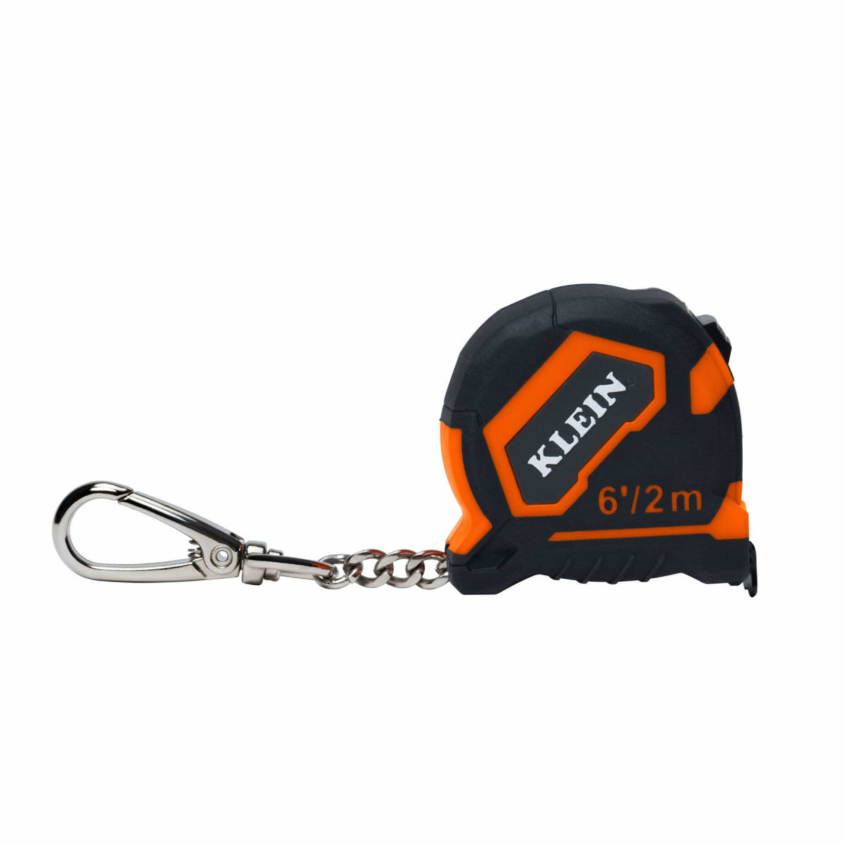 A small Klein tape measure keychain with a black and orange casing, a silver carabiner, and a short metal chain on a plain white background.