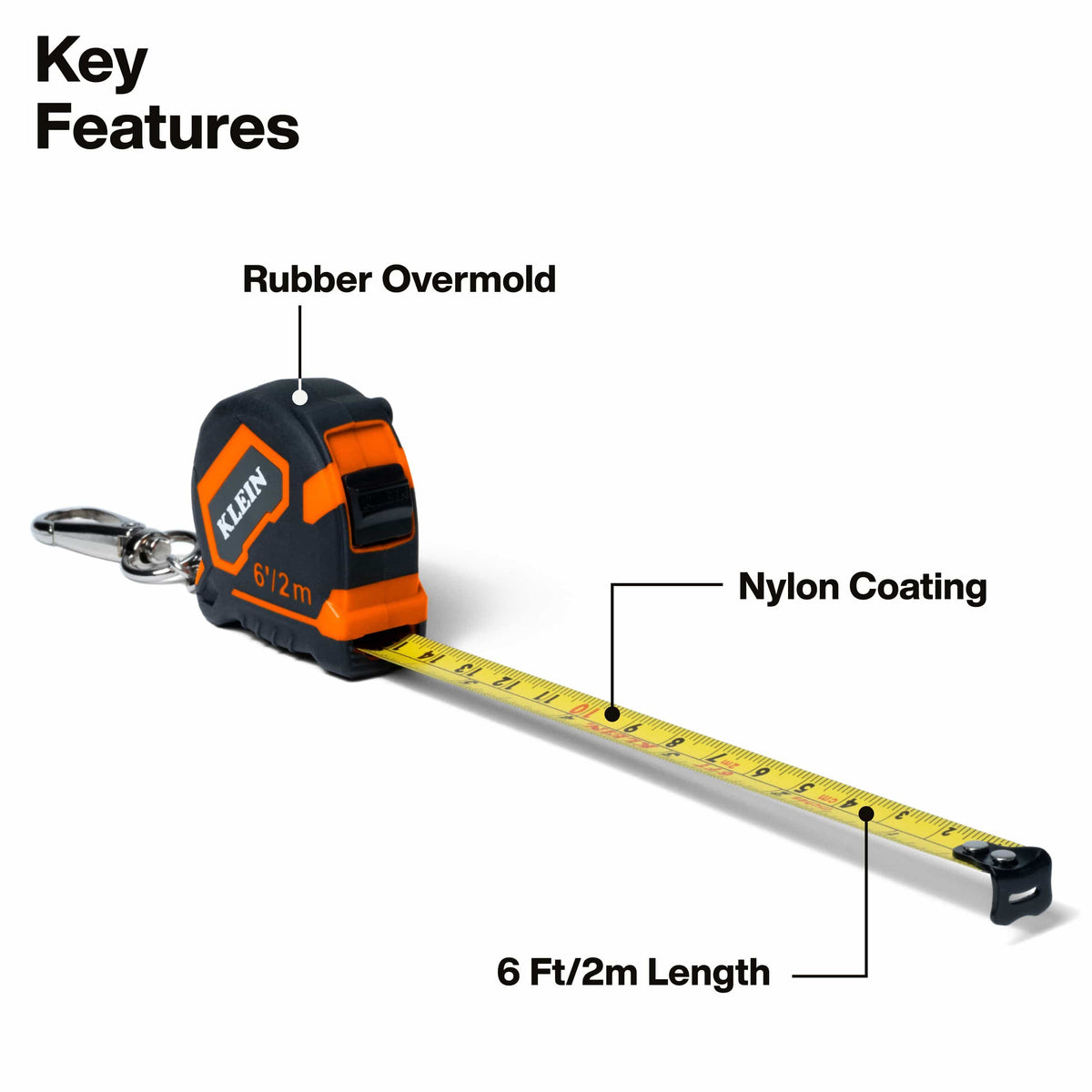 A tape measure with a black and orange KLEN rubber overmold housing, shown with the yellow tape extended on a white background. Callout lines label key features: 'Rubber Overmold,' 'Nylon Coating,' and '6 Ft/2m Length.