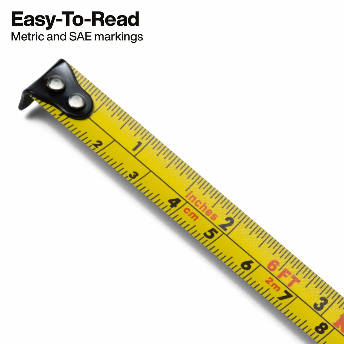 A close-up of a yellow tape measure with black metal hardware and printed inch, centimeter, and feet markings, shown on a white background with the text 'Easy-To-Read Metric and SAE markings' in the top left.