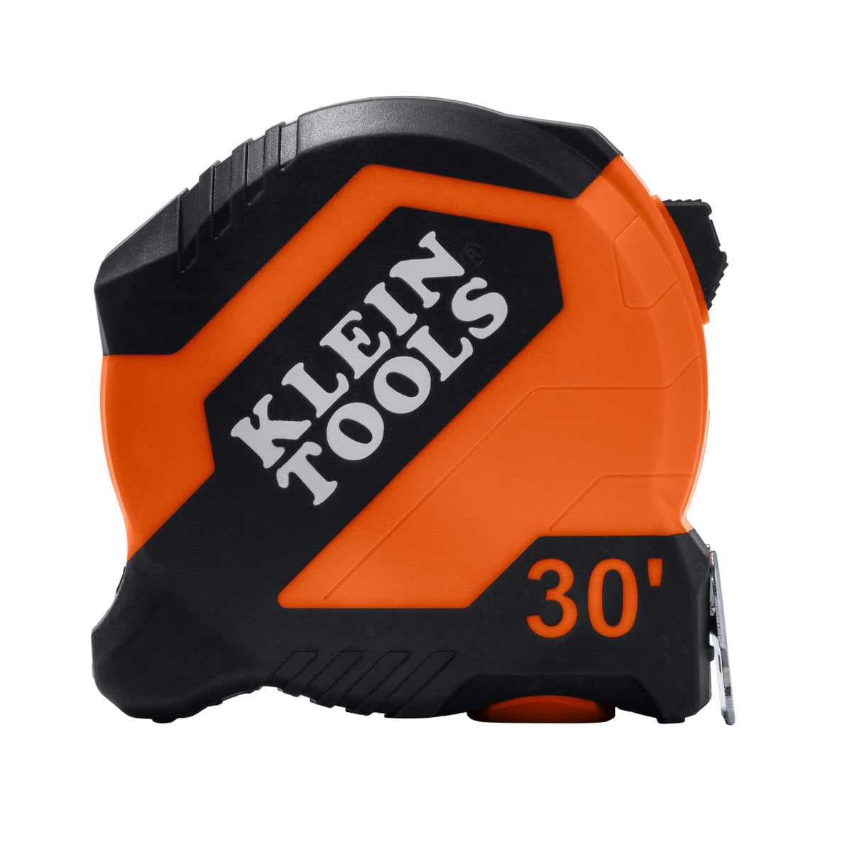 A Klein Tools 30-foot tape measure with a black and orange plastic casing, featuring the brand name 'KLEIN TOOLS' in white on a black panel and '30"' printed in orange near the bottom right.