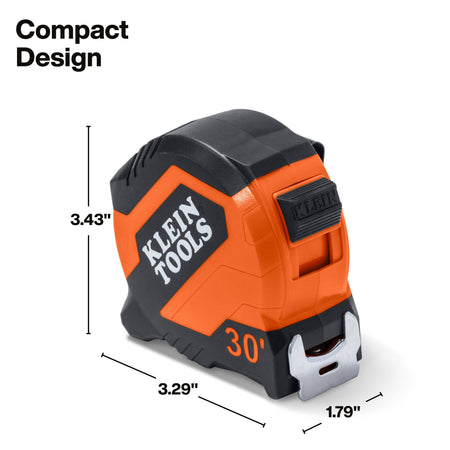 Compact design of a Klein Tools tape measure shown on a white background with dimension lines and measurements for height, width, depth, and belt loop.