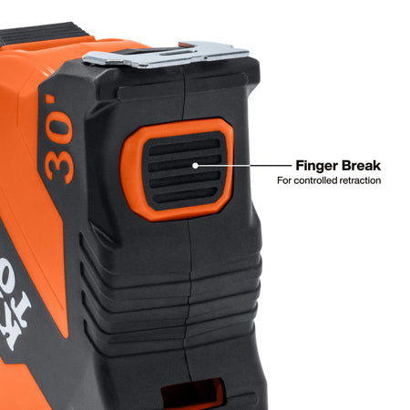 Close-up of a cordless tool showing the rear housing with an orange and black textured grip labeled 'Finger Break For controlled retraction,' plus '30°' printed on the side.
