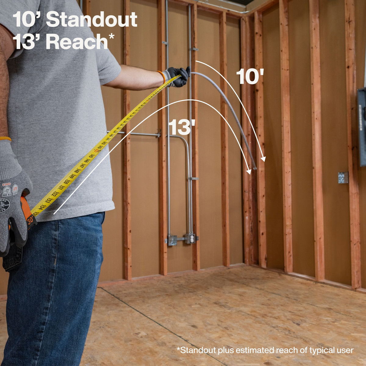 A person in a gray t-shirt and jeans uses a yellow tape measure in an unfinished room with exposed wooden studs. White text and arrows explain the product's 10-foot standout and 13-foot reach.