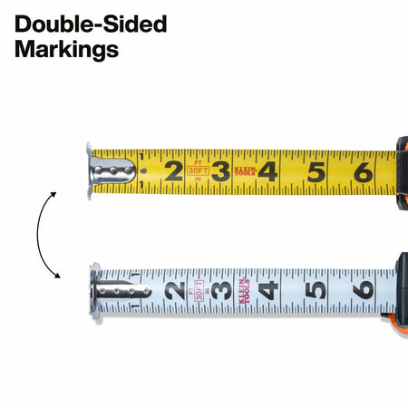 A measuring tape shown horizontally twice to demonstrate double-sided markings, with black text reading 'Double-Sided Markings' and a curved arrow indicating the flip. The tape is yellow on top and white on bottom, both showing inch and centimeter measurements.