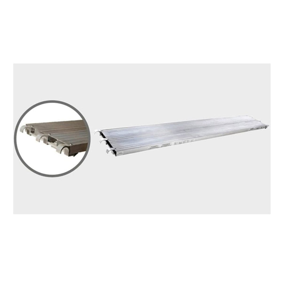 AAIT 7-foot all-aluminum scaffold plank featuring three broad replaceable hooks and a 19-inch wide walk board with a zoomed-in view of the hook attachment system.