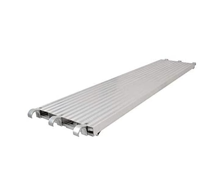 Full-length perspective of a lightweight, rust-proof 7-foot aluminum scaffold deck showcasing the non-slip textured surface and heavy-duty 75 PSF load capacity design.