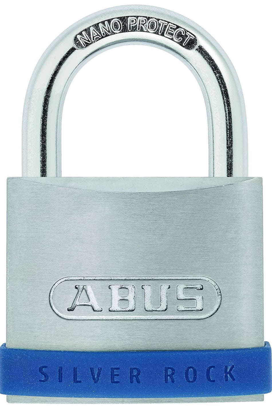 A high-resolution product photograph of the ABUS Silver Rock 5/50 heavy-duty padlock. The image shows the solid zinc body with a brushed stainless-steel finish, the Nano Protect hardened steel shackle, and the integrated blue silicone protective bumper at the base.