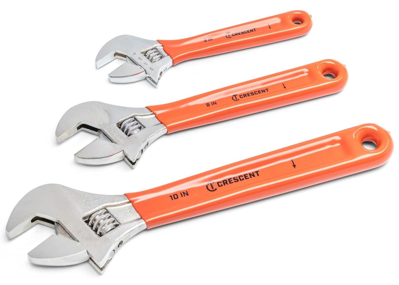 A clean studio shot of the three Crescent adjustable wrenches (10-inch, 8-inch, and 6-inch) with their orange cushion grip handles laid out diagonally on a white background.