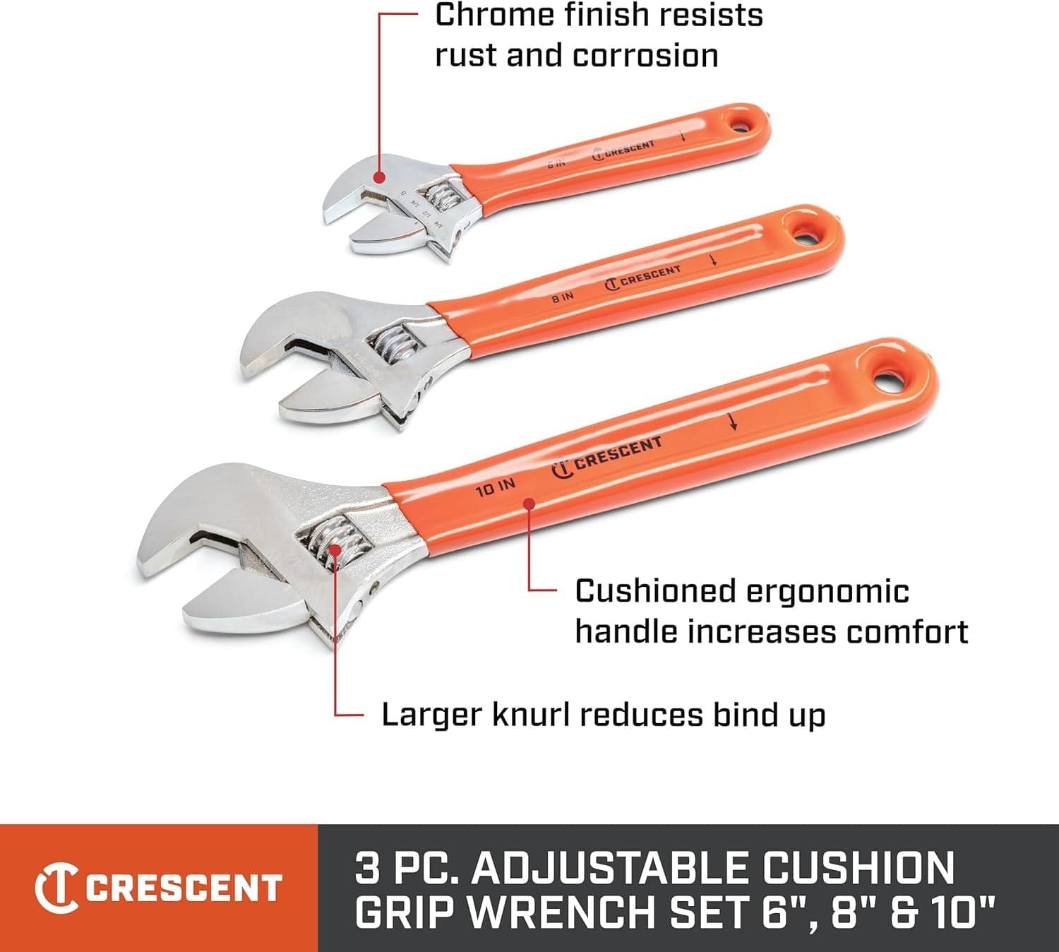 A diagram of the three Crescent adjustable wrenches with text callouts pointing to the jaws, knurl, and handle, highlighting features like "Larger knurl reduces bind up" and "Cushioned ergonomic handle."