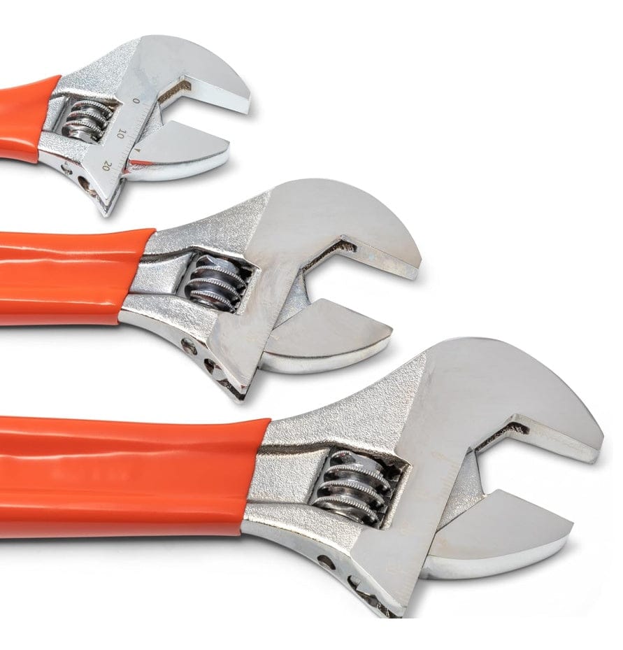 A close-up studio shot showing the heads and upper handles of the three Crescent adjustable wrenches, highlighting the satin chrome finish and the knurl adjustment wheel.