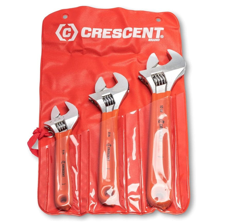 The three Crescent adjustable wrenches (6-inch, 8-inch, and 10-inch) with orange cushion grips stored in their clear plastic and red fabric storage pouch against a white background.