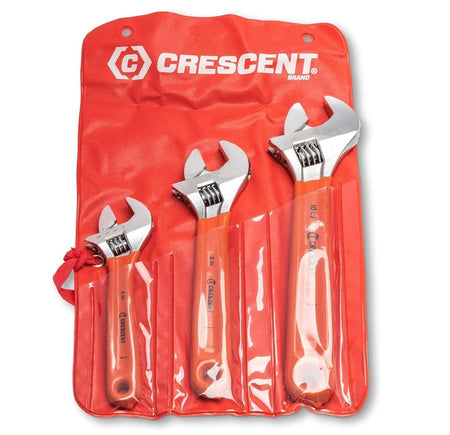 The three Crescent adjustable wrenches (6-inch, 8-inch, and 10-inch) with orange cushion grips stored in their clear plastic and red fabric storage pouch against a white background.