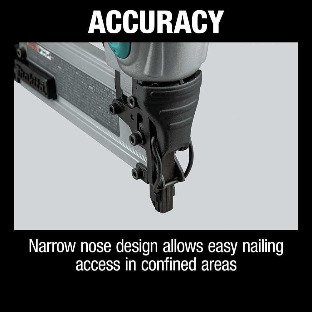 A marketing graphic, labeled "ACCURACY," showing a close-up of the nailer's nose, stating "Narrow nose design allows easy nailing access in confined areas".