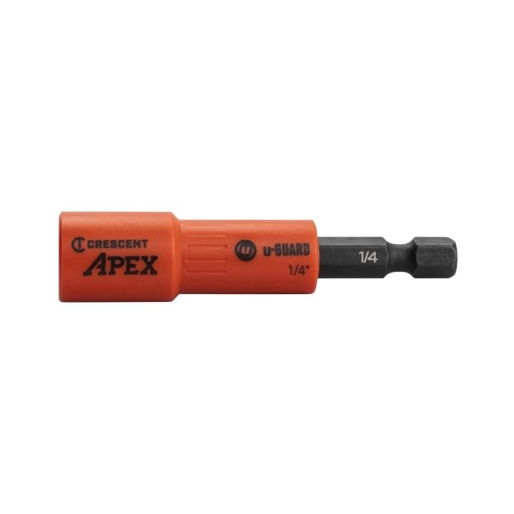 This is a tool with an orange body and a hexagonal end, designed to fit into a power drill. It has the brand names "Crescent" and "APEX" printed on it, along with the "U-GUARD" logo.

