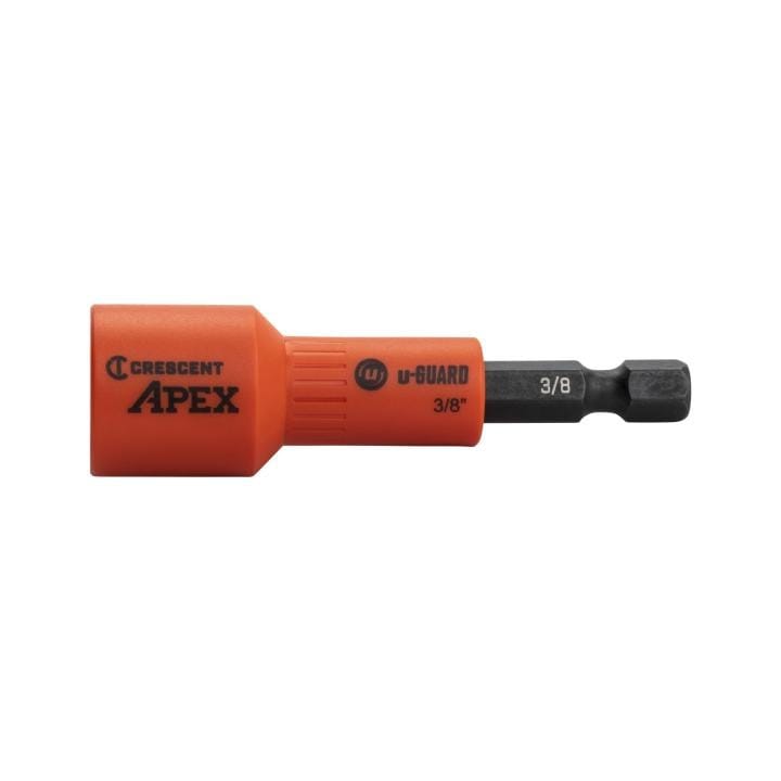 The nutsetter is shown horizontally against a white background. It features an orange body with the "Crescent" and "APEX" brand names printed in black.  The end of the nutsetter has a hexagonal shape, indicating it's designed to fit into a power drill or impact driver.  The "U-GUARD" logo and the size "3/8" are also visible on the side of the nutsetter.