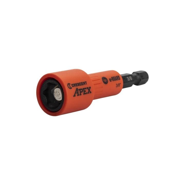 The nutsetter is shown at a slight angle against a white background. It features an orange body with the "Crescent" and "APEX" brand names printed in black.  The end of the nutsetter has a hexagonal shape, indicating it's designed to fit into a power drill or impact driver.  The "U-GUARD" logo and the size "3/8" are also visible on the side of the nutsetter. The opposite end has a circular opening, likely magnetic, to secure the nuts.