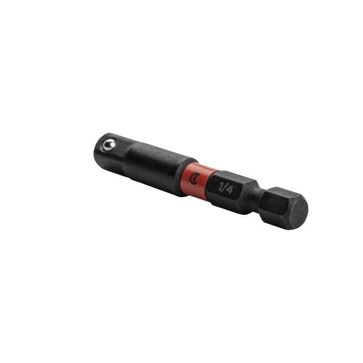 The adapter is shown at a slight angle against a white background. It features a black body with a red band in the middle. The red band has the "Crescent" logo printed on it.  The end of the adapter has a hexagonal shape, indicating it's designed to fit into a power drill or impact driver. The opposite end has a square opening with a small ball bearing, designed to hold a socket. The size "1/4" is also visible on the side of the adapter.