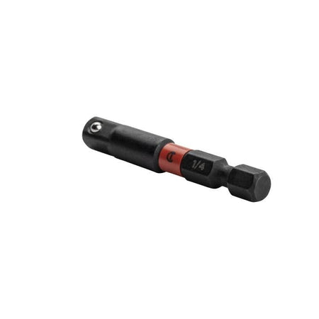 The adapter is shown at a slight angle against a white background. It features a black body with a red band in the middle. The red band has the "Crescent" logo printed on it.  The end of the adapter has a hexagonal shape, indicating it's designed to fit into a power drill or impact driver. The opposite end has a square opening with a small ball bearing, designed to hold a socket. The size "1/4" is also visible on the side of the adapter.