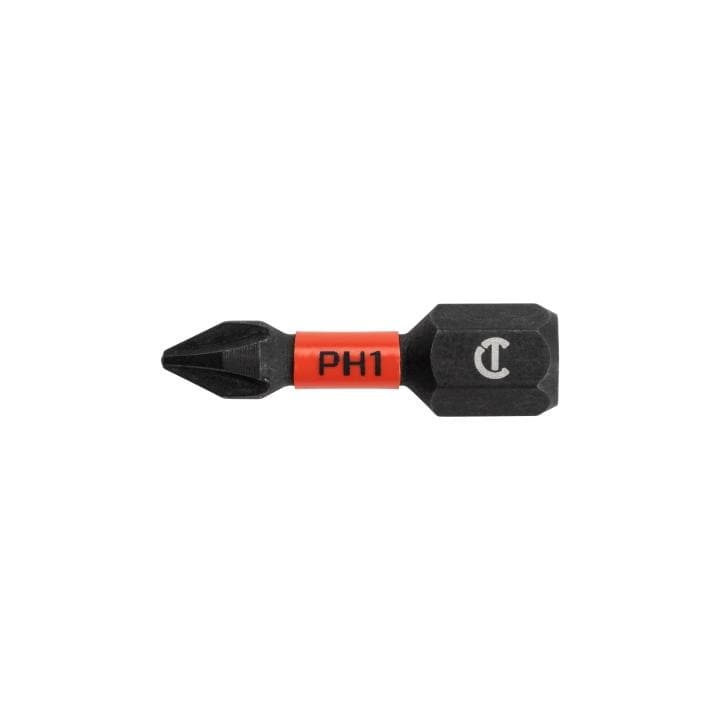 The bit is shown horizontally against a white background. It features a black body with a red band in the middle. The red band has "PH1" printed on it, indicating the Phillips #1 size. The end of the bit has the Phillips head shape, designed for driving Phillips screws. The opposite end has a hexagonal shape, indicating it's designed to fit into a power drill or impact driver. The "Crescent" logo is also visible on the side of the bit.