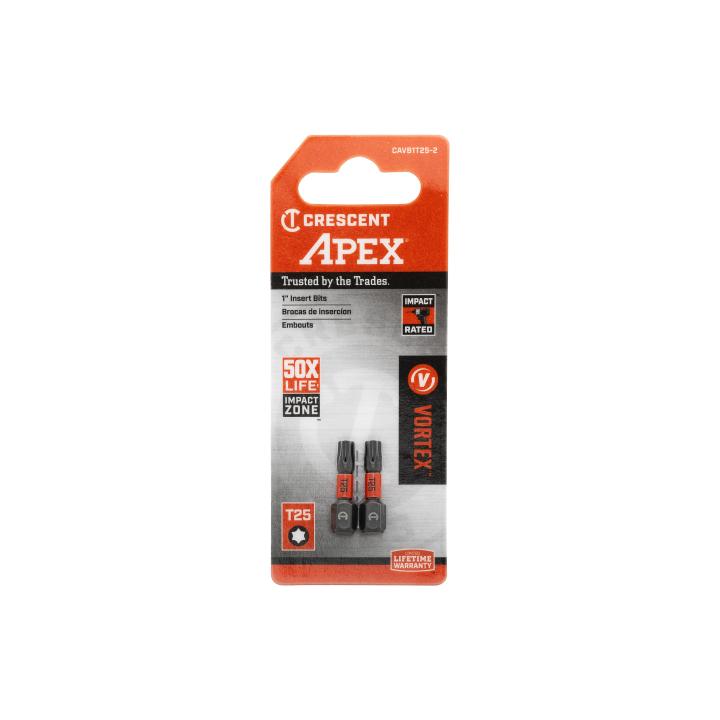 This is a product image of a Crescent Apex 2pc Impact Power Bits #2 Vortex set, packaged for retail sale.