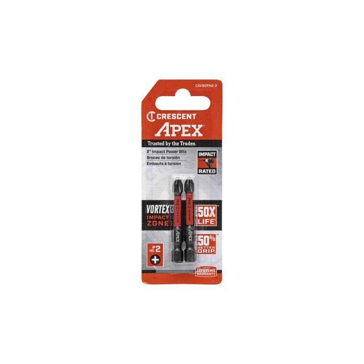 This is a product image of a Crescent Apex 2pc 2" Power Bits #2 Vortex set, packaged for retail sale.
