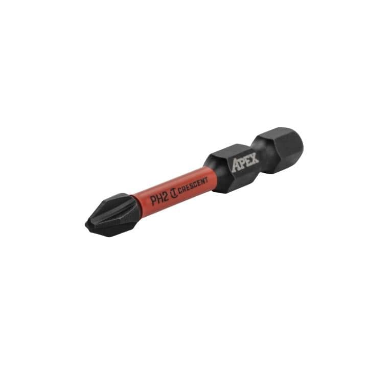 Crescent #2 x 2" Phillips™ VORTEX™ Impact Power Bit - 2 Pack single bit. The image shows a drill bit with a black tip and a red band around the center, resting on a white surface. The bit has the text "PH2 Crescent" on the red band and "Apex" on the black section near the opposite end.