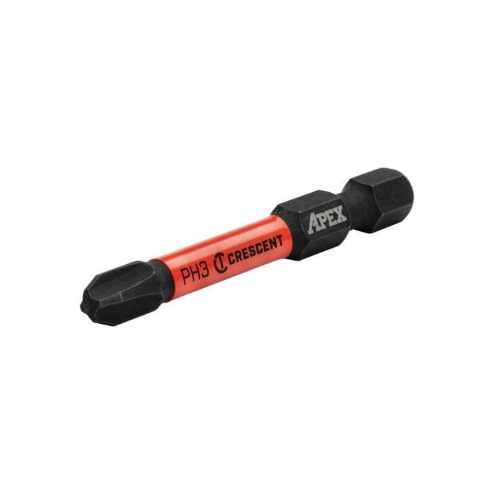 This is a close-up photograph of a Crescent Apex PH3 Phillips Impact Power Bit angled slightly, showcasing its design and branding.
