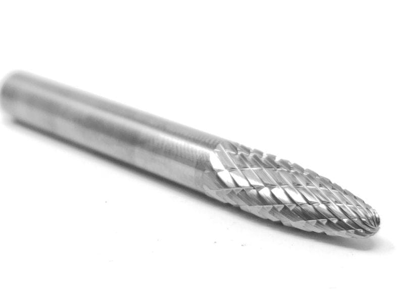 A side profile studio shot of the UCT Gem Carbide SF-1 burr, showing the 1/4-inch shank and the double-cut, tree-shaped radius end head.