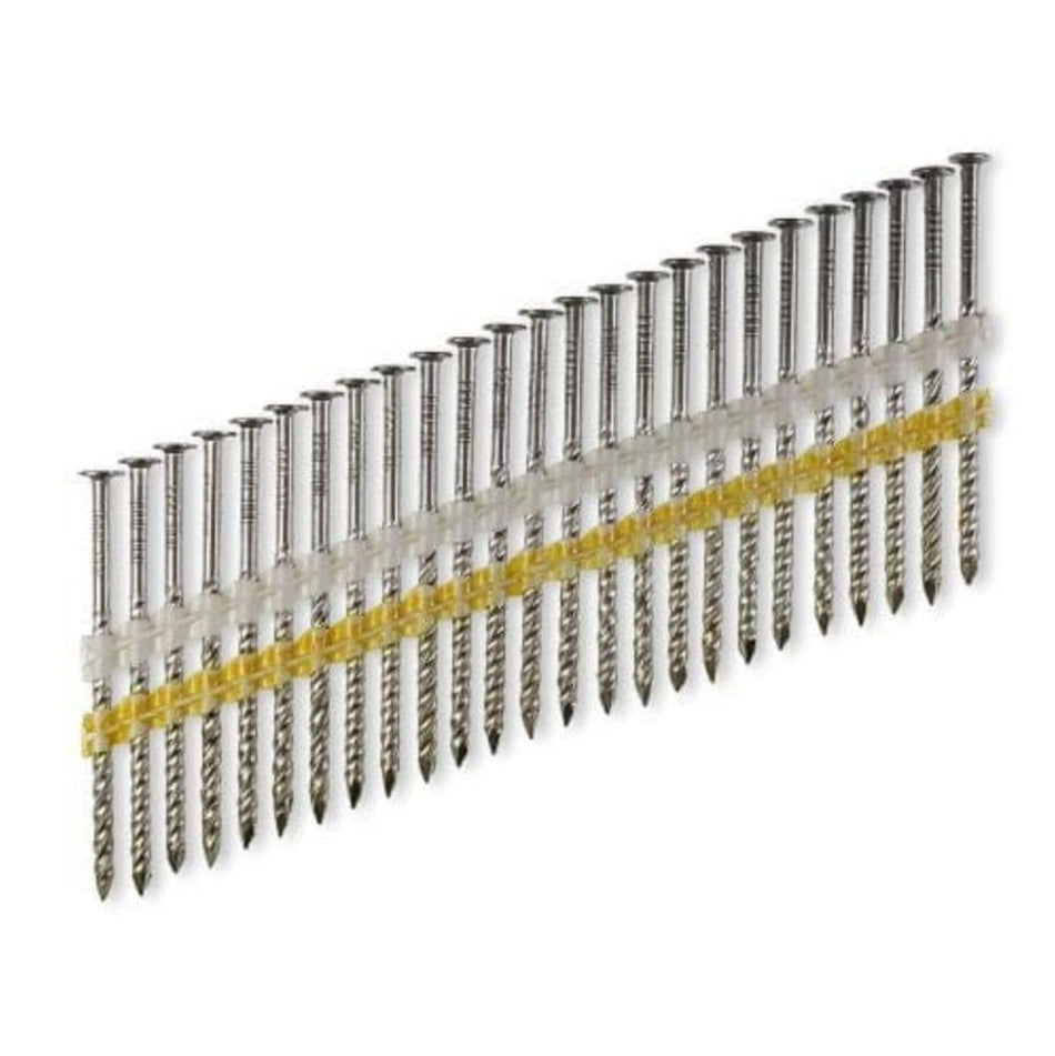 A studio photograph of a strip of bright coated screw shank framing nails with full round heads, held together by white and yellow plastic collation strips for 21-degree nailers.