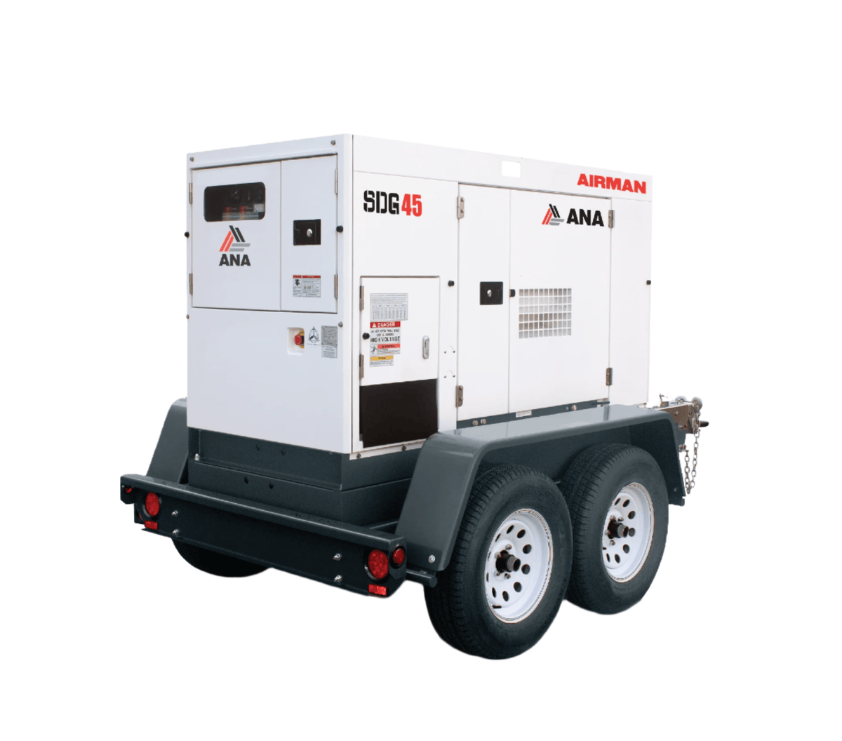 The image shows an Airman SDG45S mobile generator, a diesel-powered unit designed for various applications requiring reliable power. 